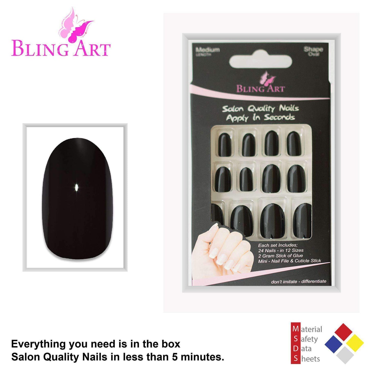 False Nails by Bling Art Black Polished Oval Medium Fake 24 Acrylic