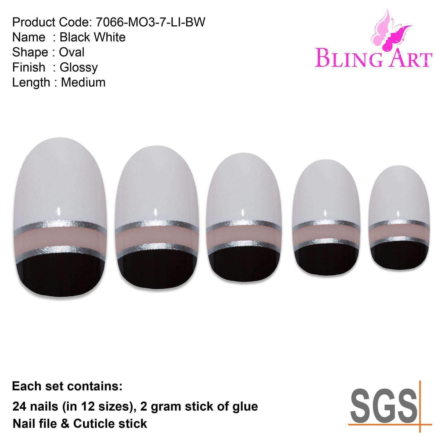 False Nails by Bling Art Black White Glossy Oval Medium Fake 24