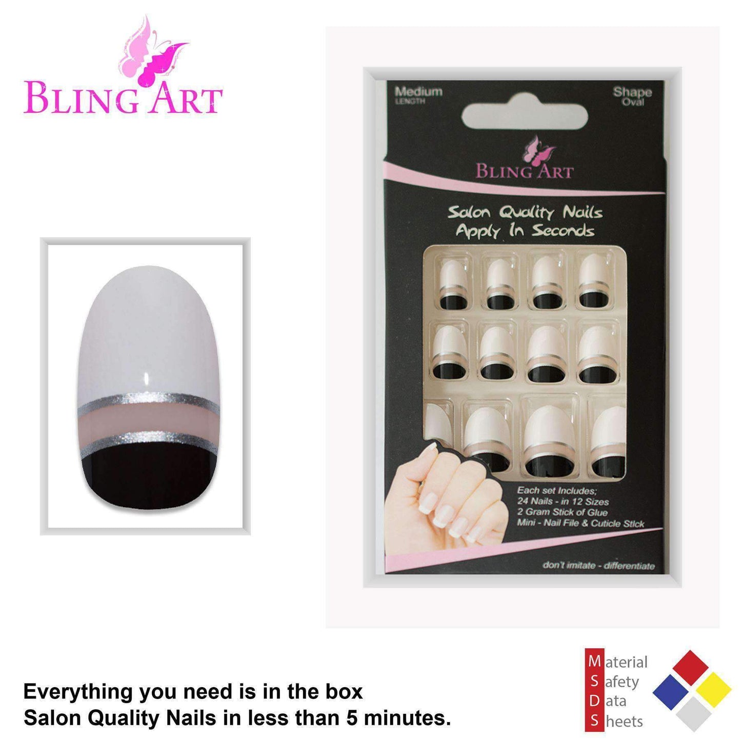 False Nails by Bling Art Black White Glossy Oval Medium Fake 24