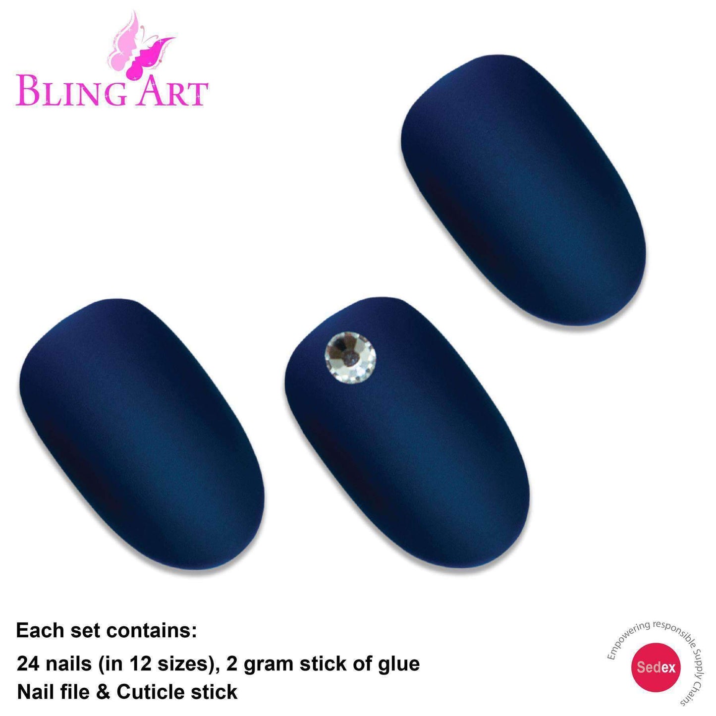 False Nails by Bling Art Blue Matte Oval Medium Fake Acrylic 24 Tips