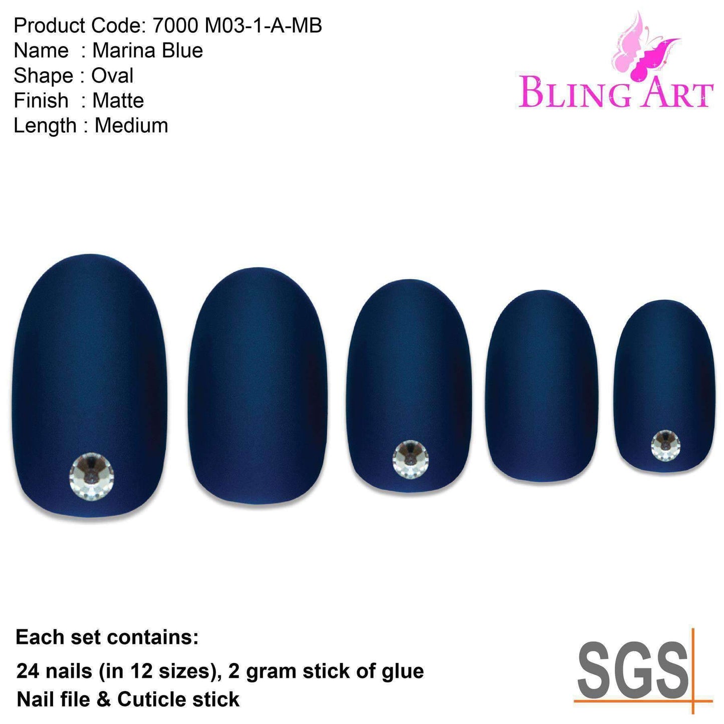 False Nails by Bling Art Blue Matte Oval Medium Fake Acrylic 24 Tips