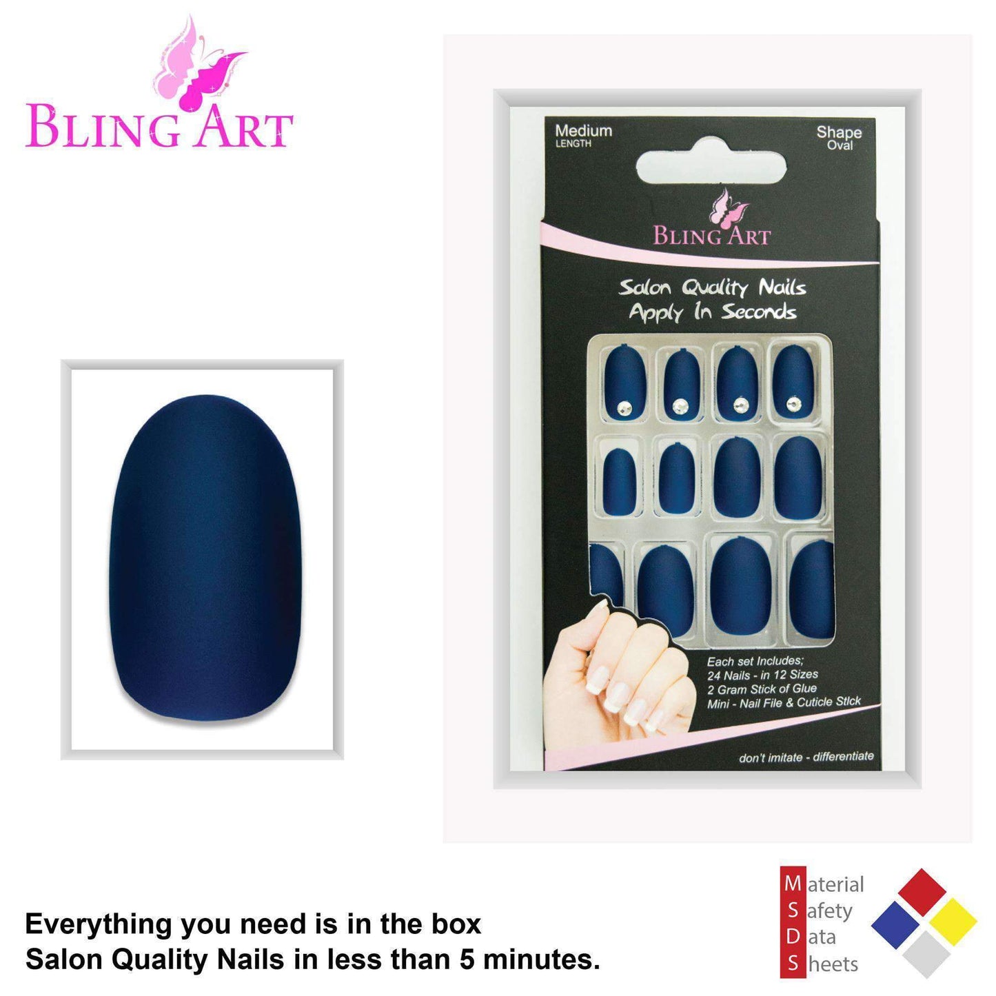 False Nails by Bling Art Blue Matte Oval Medium Fake Acrylic 24 Tips