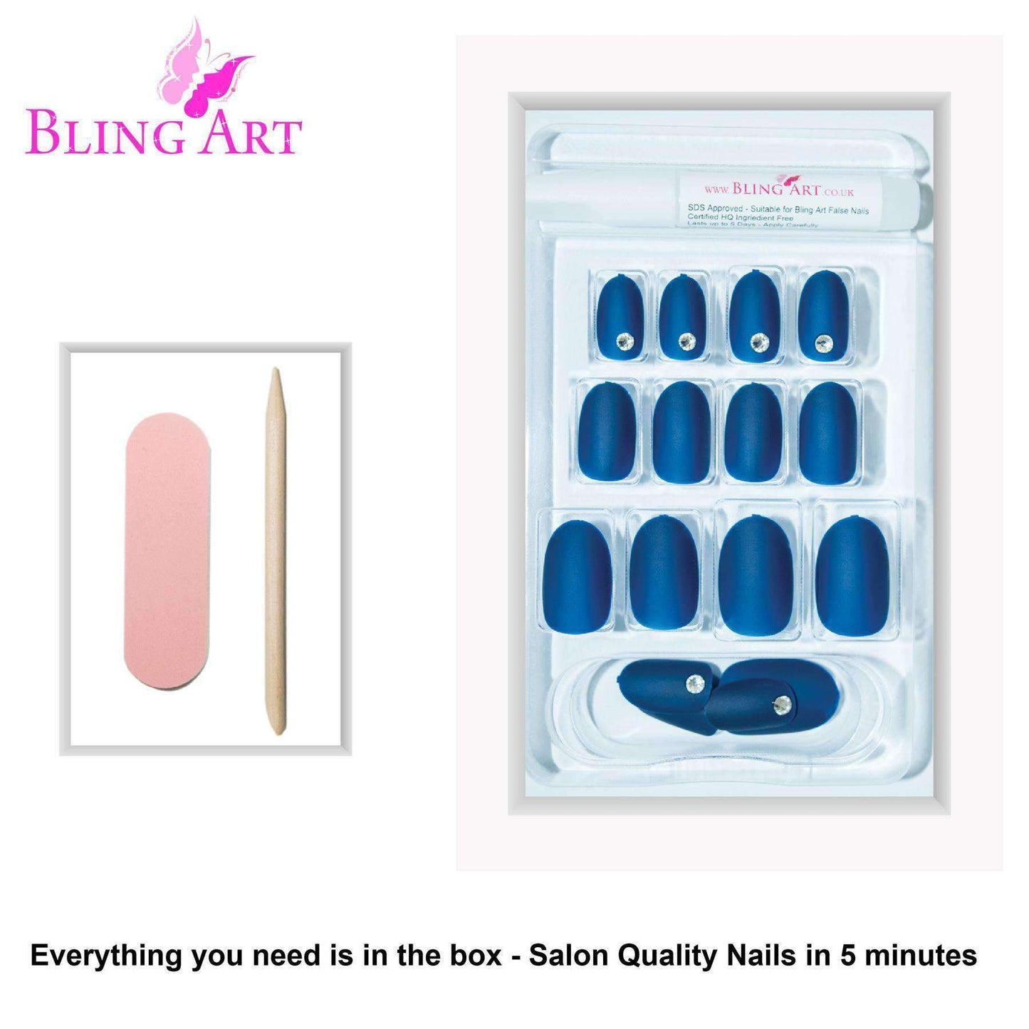 False Nails by Bling Art Blue Matte Oval Medium Fake Acrylic 24 Tips