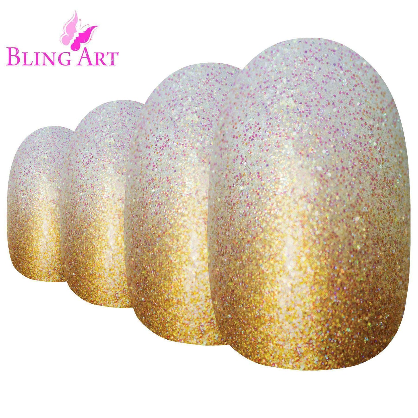 False Nails by Bling Art Gold Gel Ombre Oval Medium Fake Acrylic 24