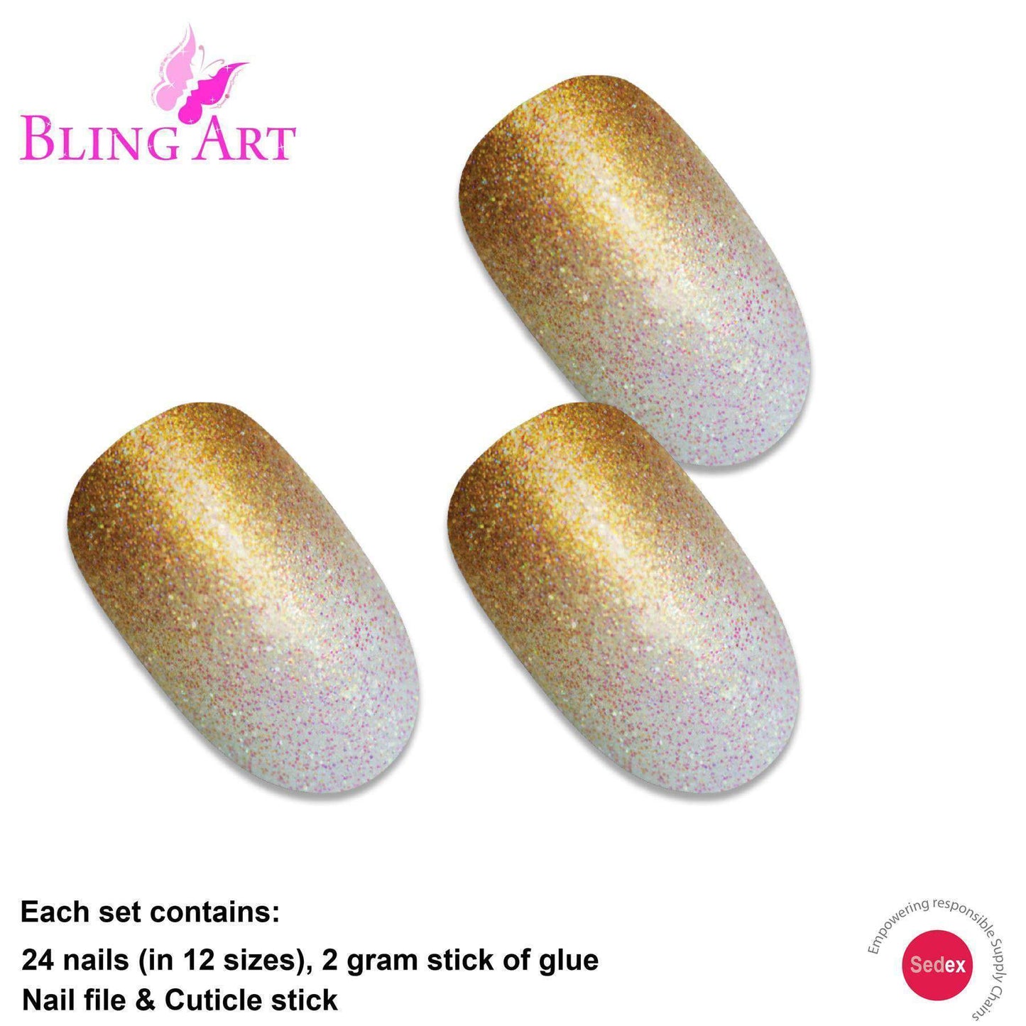 False Nails by Bling Art Gold Gel Ombre Oval Medium Fake Acrylic 24