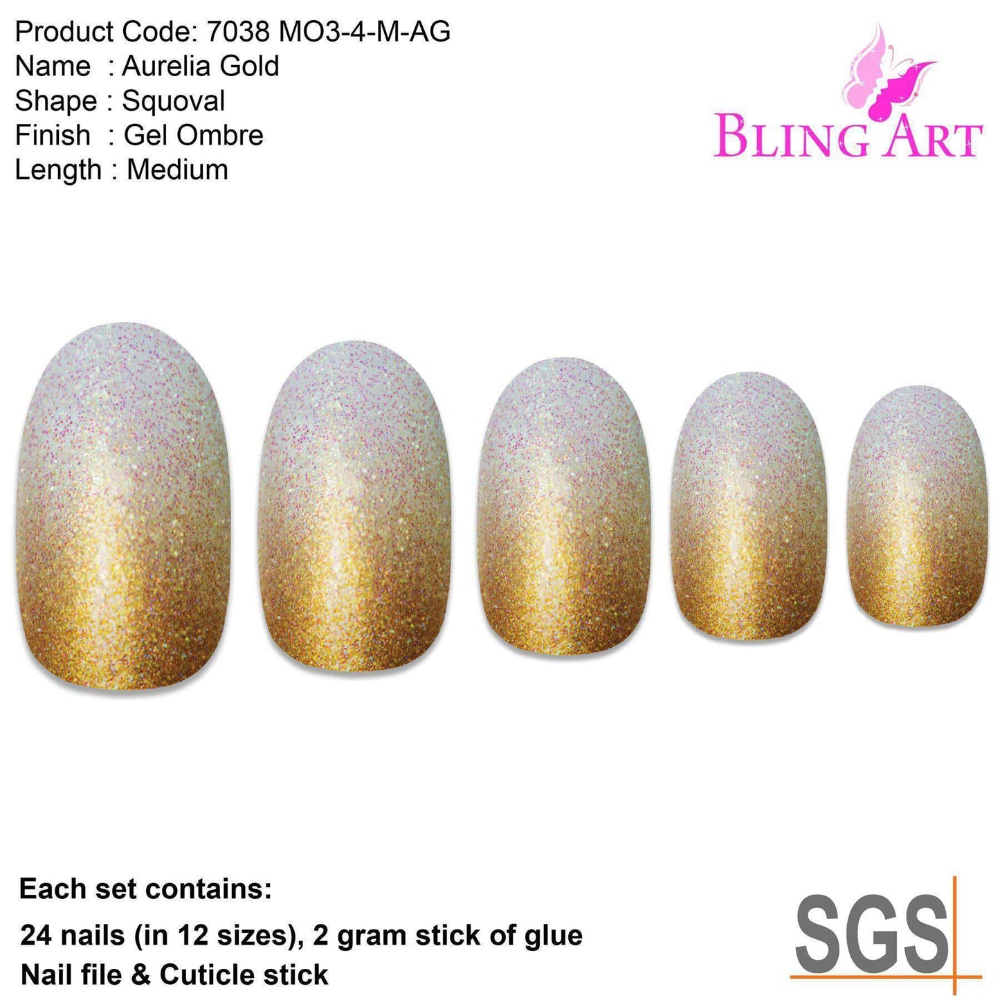 False Nails by Bling Art Gold Gel Ombre Oval Medium Fake Acrylic 24