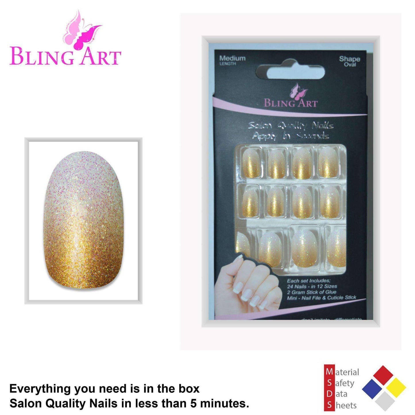 False Nails by Bling Art Gold Gel Ombre Oval Medium Fake Acrylic 24