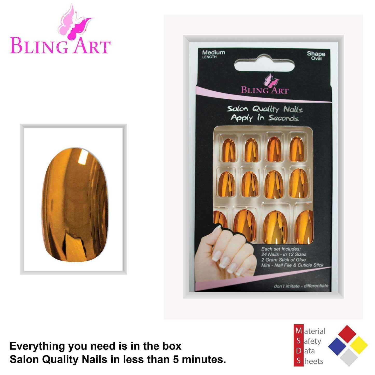 False Nails by Bling Art Gold Metallic Oval Medium Fake 24 Acrylic