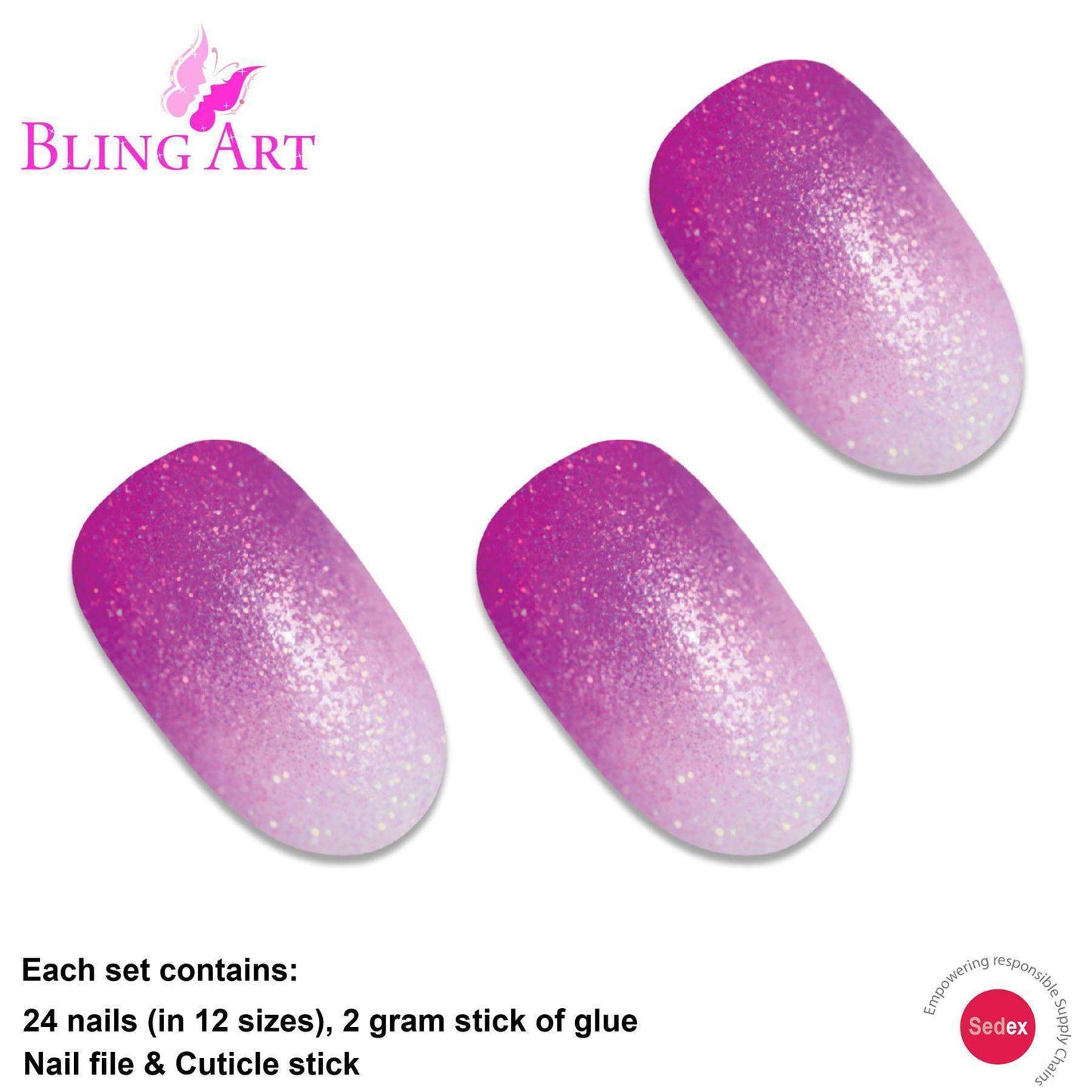 False Nails by Bling Art Magenta Gel Ombre Oval Medium Fake Acrylic 24