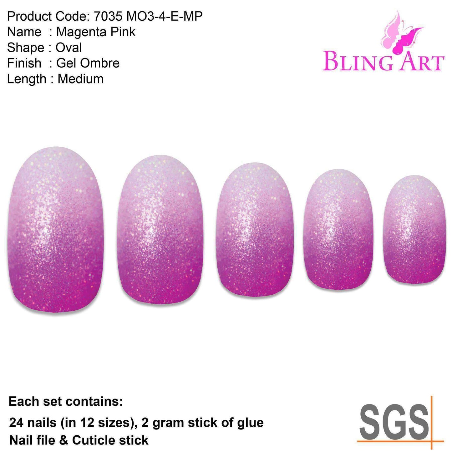 False Nails by Bling Art Magenta Gel Ombre Oval Medium Fake Acrylic 24