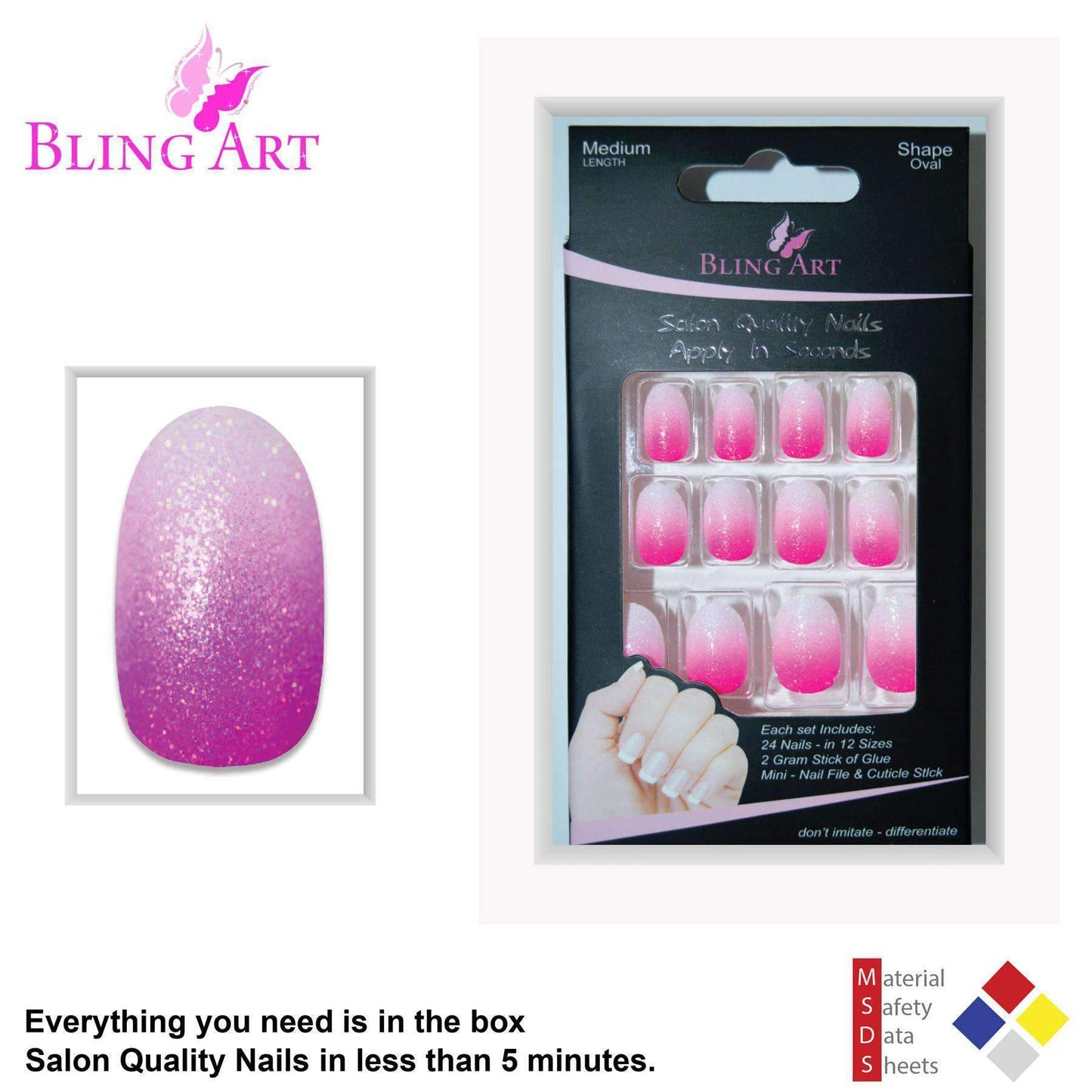 False Nails by Bling Art Magenta Gel Ombre Oval Medium Fake Acrylic 24