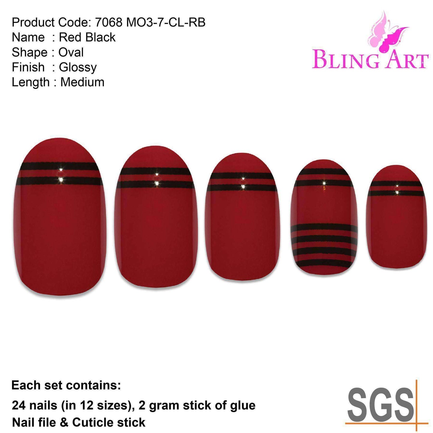 False Nails by Bling Art Red Black Glossy Oval Medium Fake 24 Acrylic