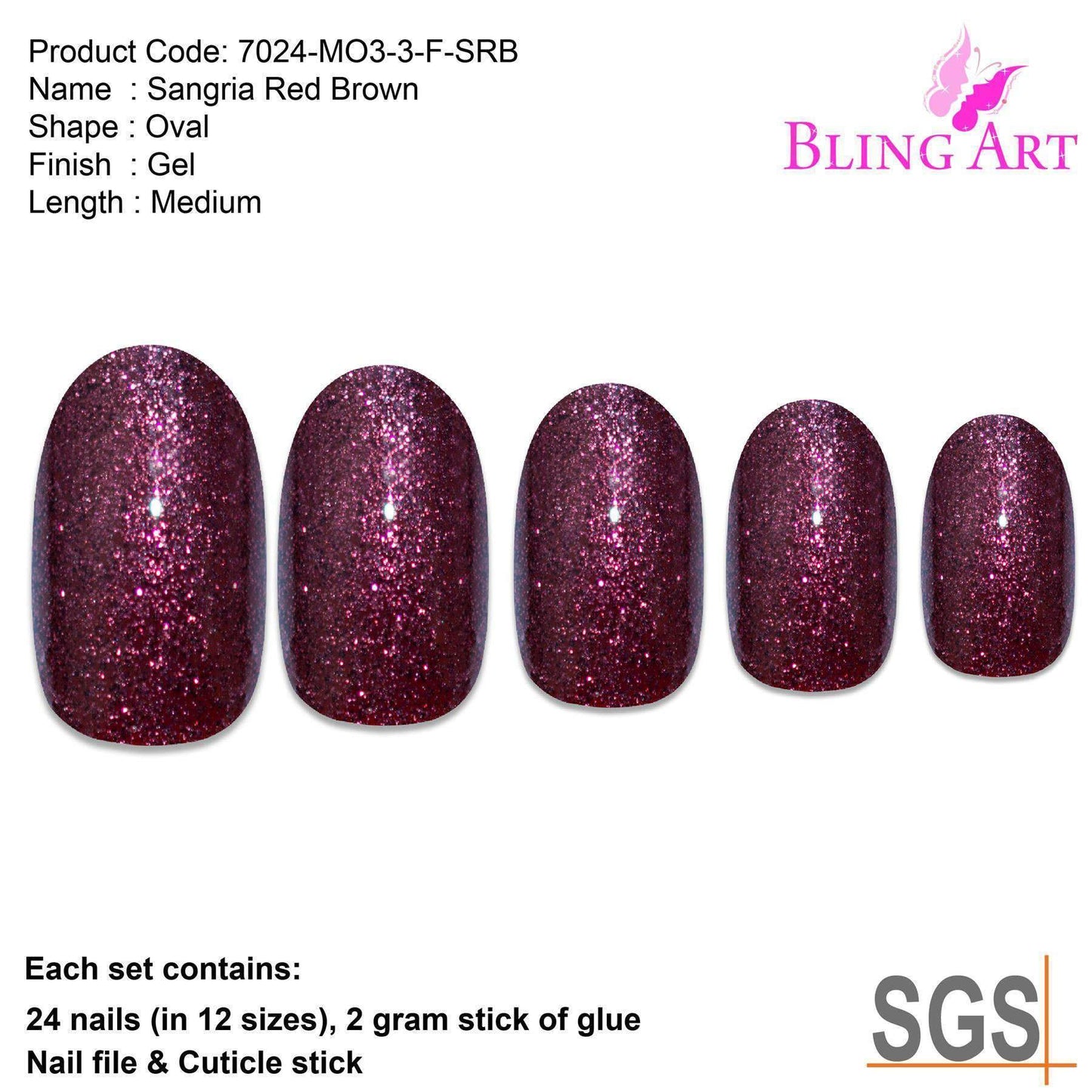 False Nails by Bling Art Red Brown Gel Oval Medium  Acrylic Tips with