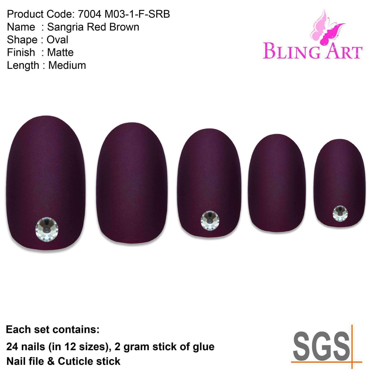 False Nails by Bling Art Red Brown Matte Oval Medium Fake Acrylic Tips