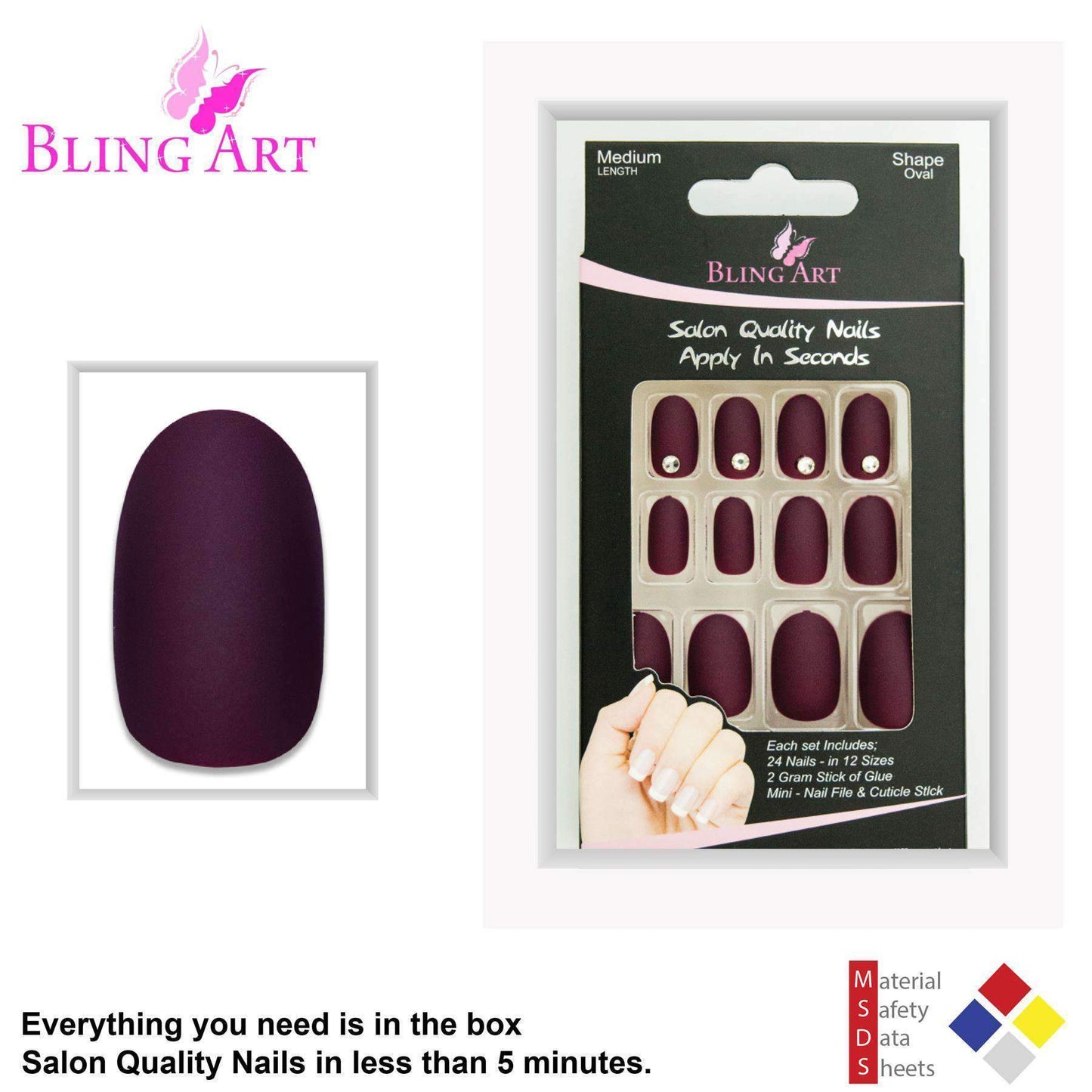 False Nails by Bling Art Red Brown Matte Oval Medium Fake Acrylic Tips