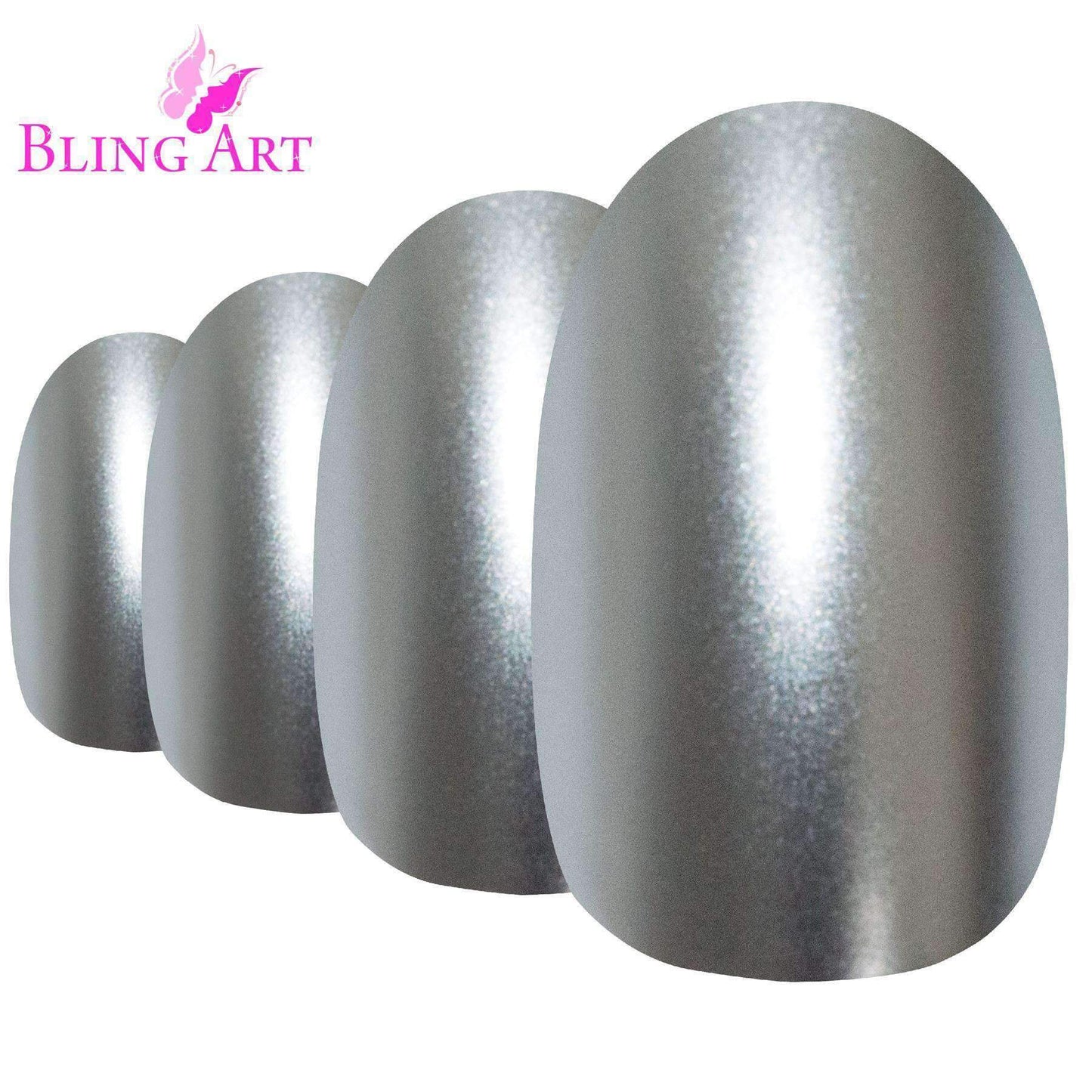 False Nails by Bling Art Silver Matte Metallic Oval Medium Fake