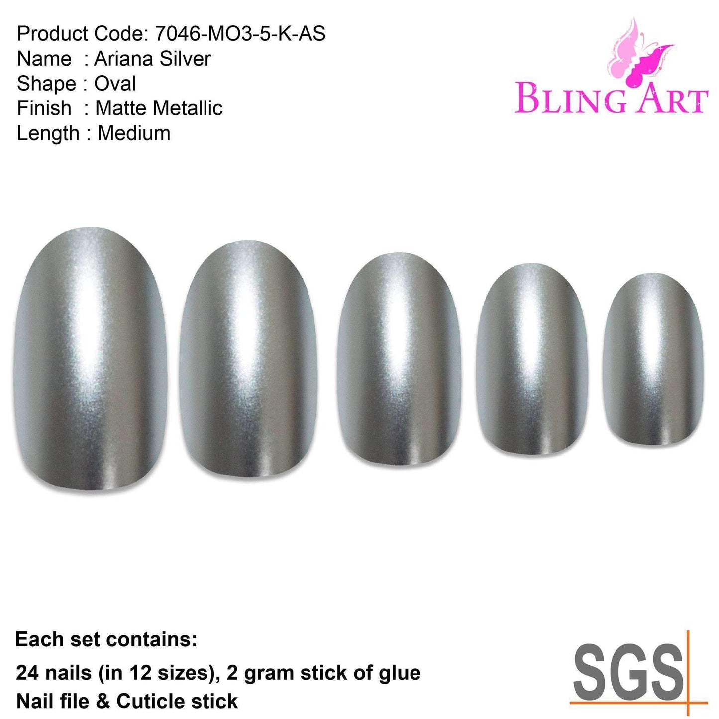 False Nails by Bling Art Silver Matte Metallic Oval Medium Fake