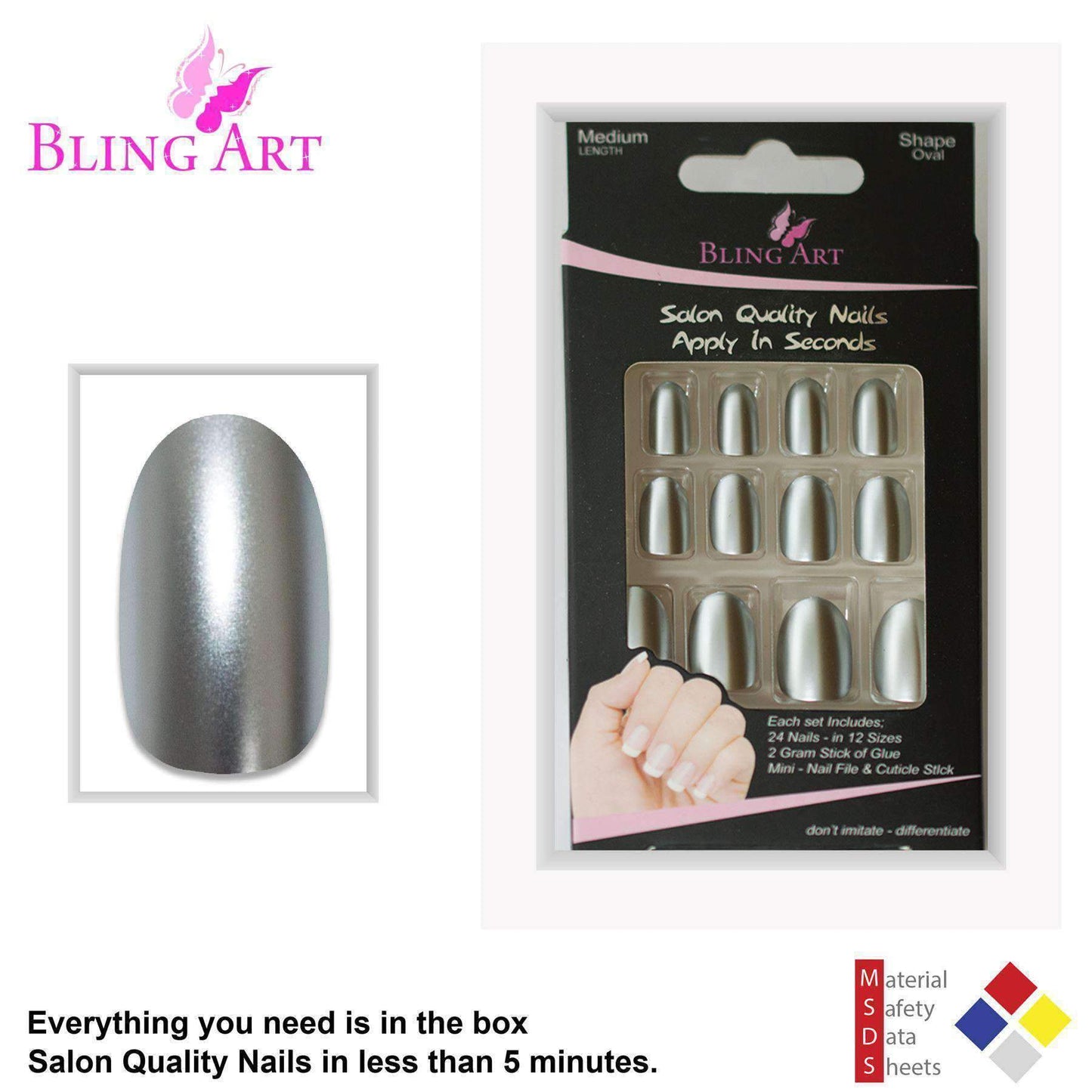 False Nails by Bling Art Silver Matte Metallic Oval Medium Fake