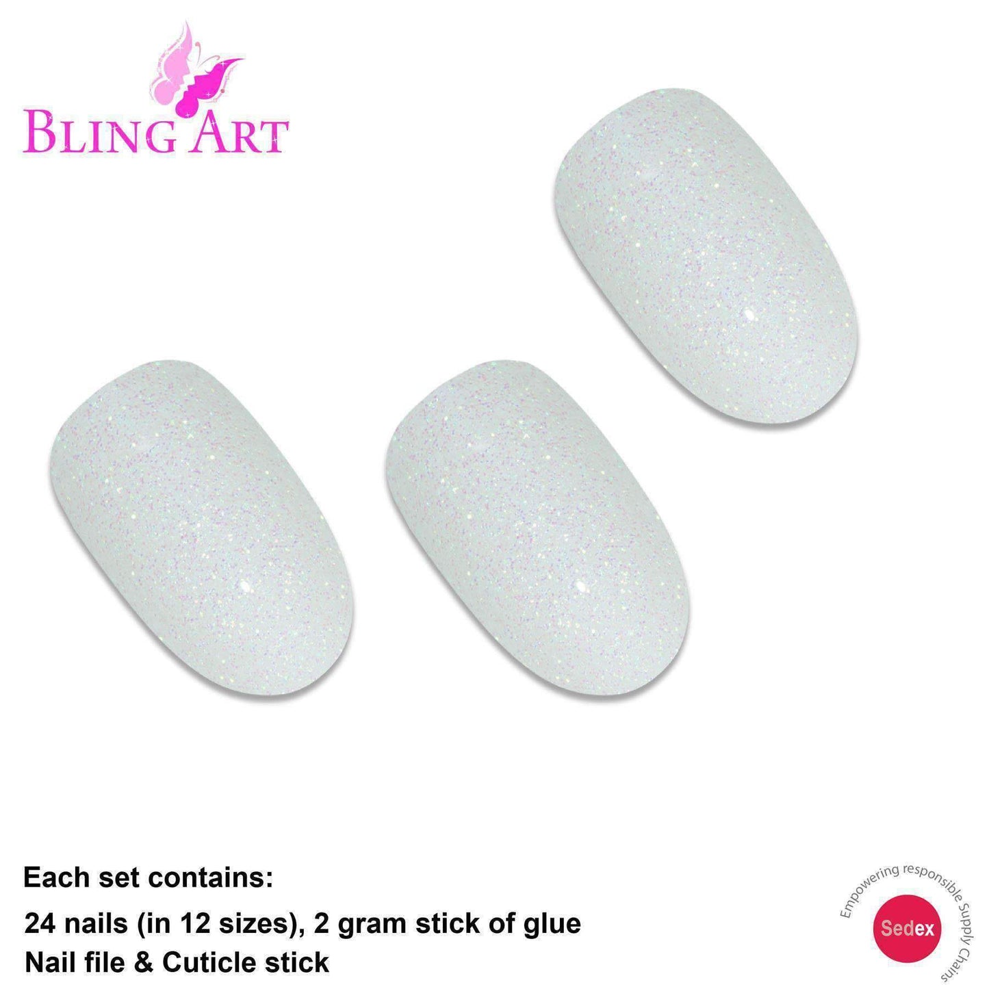 False Nails by Bling Art White Gel Oval Medium Fake Acrylic 24 Tips