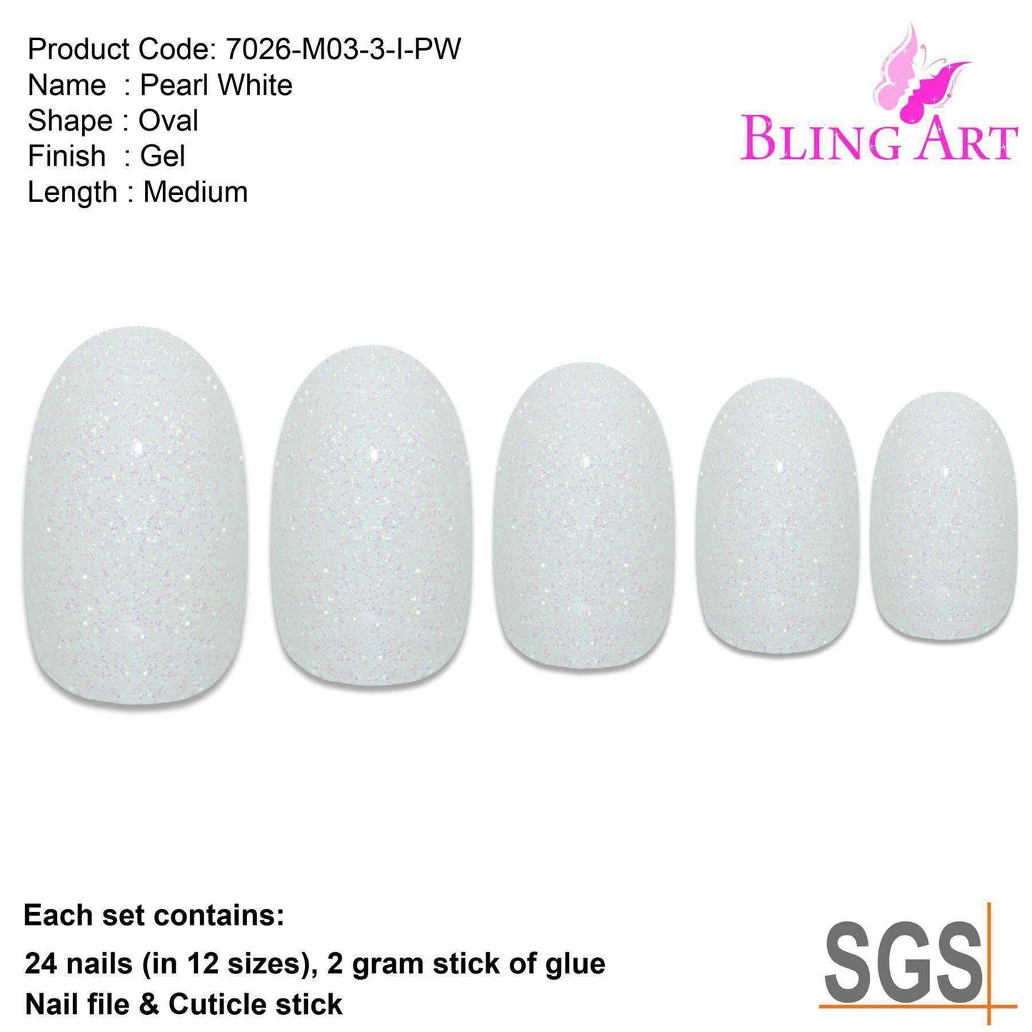 False Nails by Bling Art White Gel Oval Medium Fake Acrylic 24 Tips