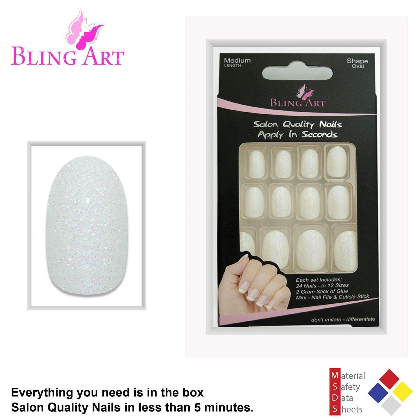 False Nails by Bling Art White Gel Oval Medium Fake Acrylic 24 Tips