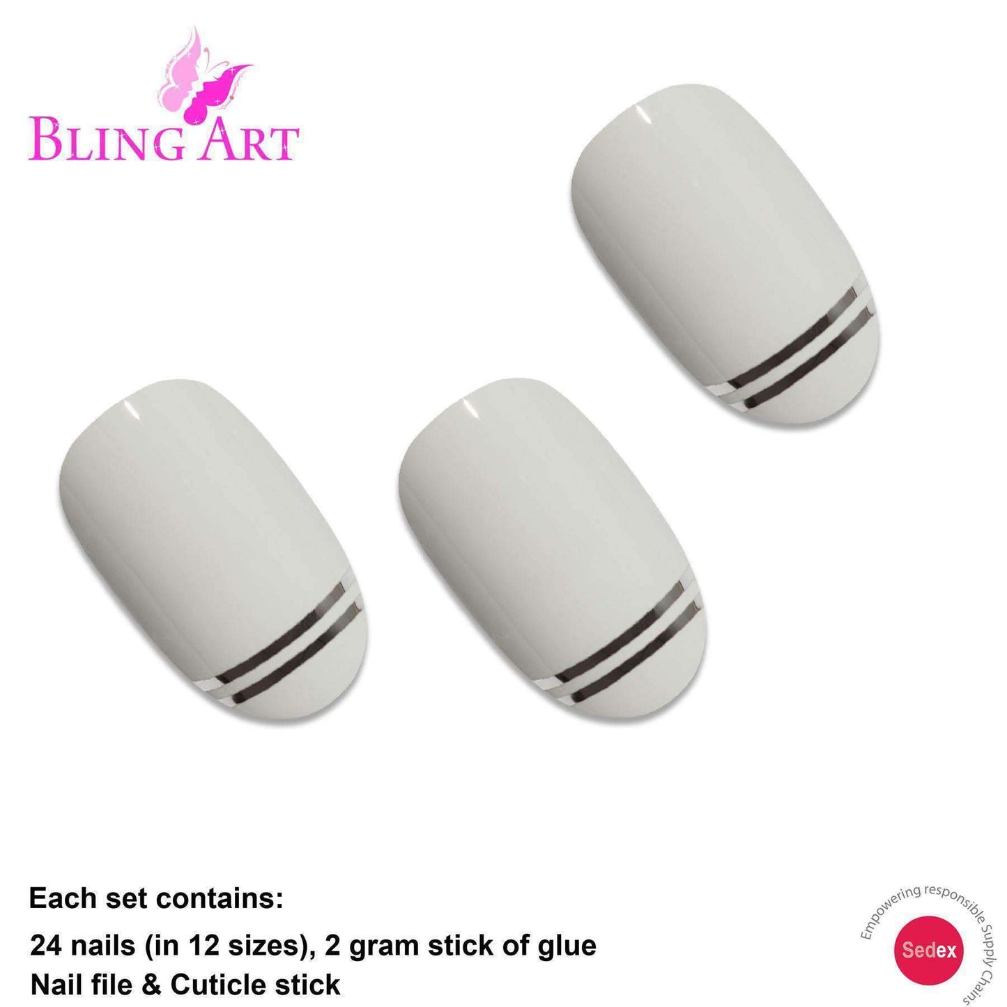 False Nails by Bling Art White Silver Glossy Oval Medium Fake 24