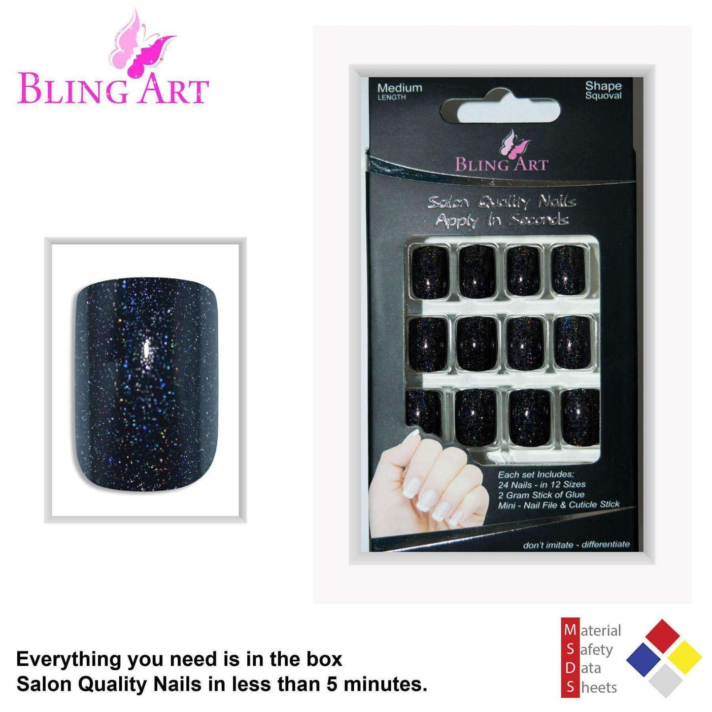 False Nails by Bling Art Black Gel French Squoval 24 Fake Medium