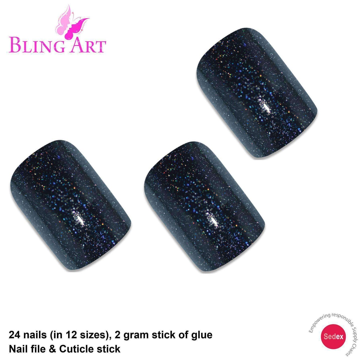 False Nails by Bling Art Black Gel French Squoval 24 Fake Medium