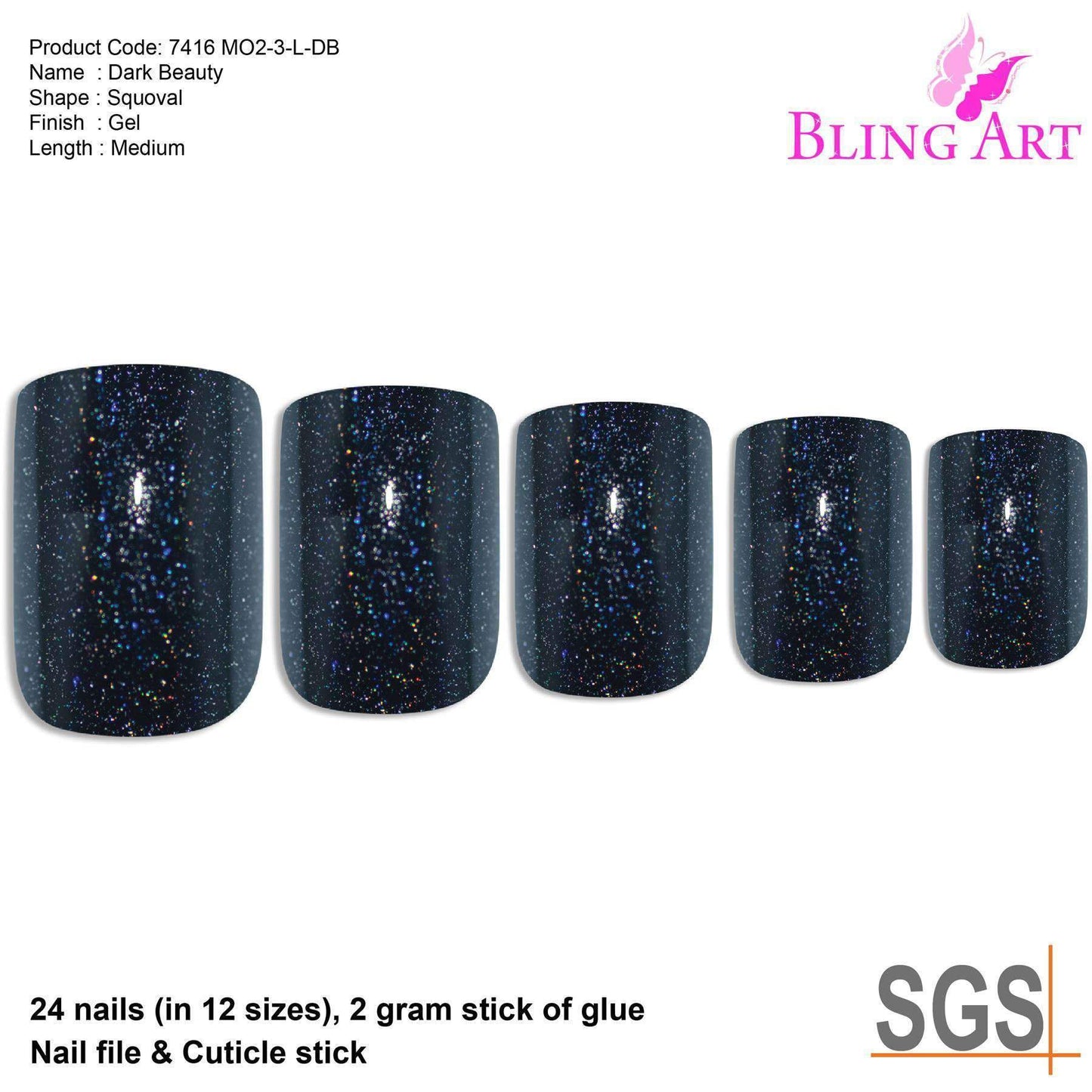 False Nails by Bling Art Black Gel French Squoval 24 Fake Medium