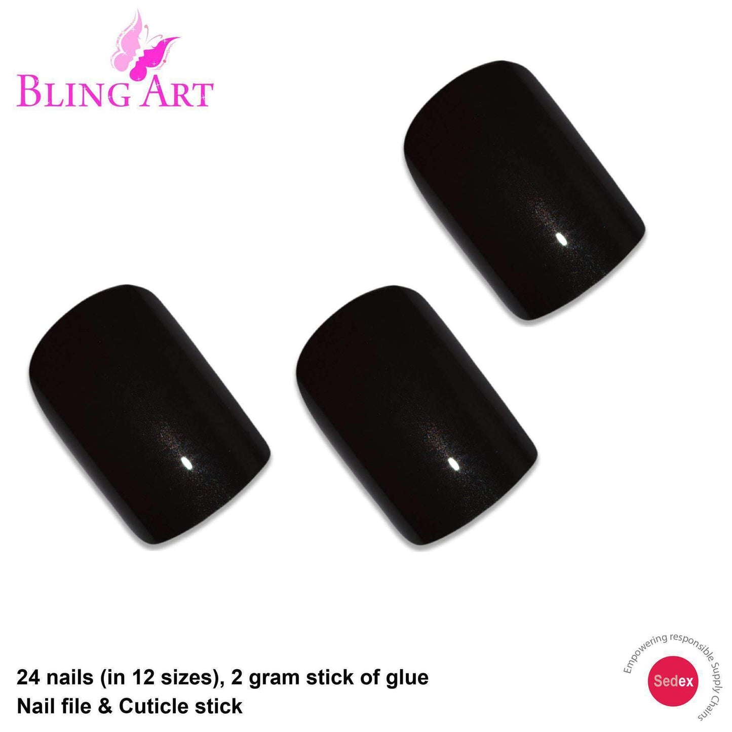 False Nails by Bling Art Black Glitter French Squoval Fake Medium