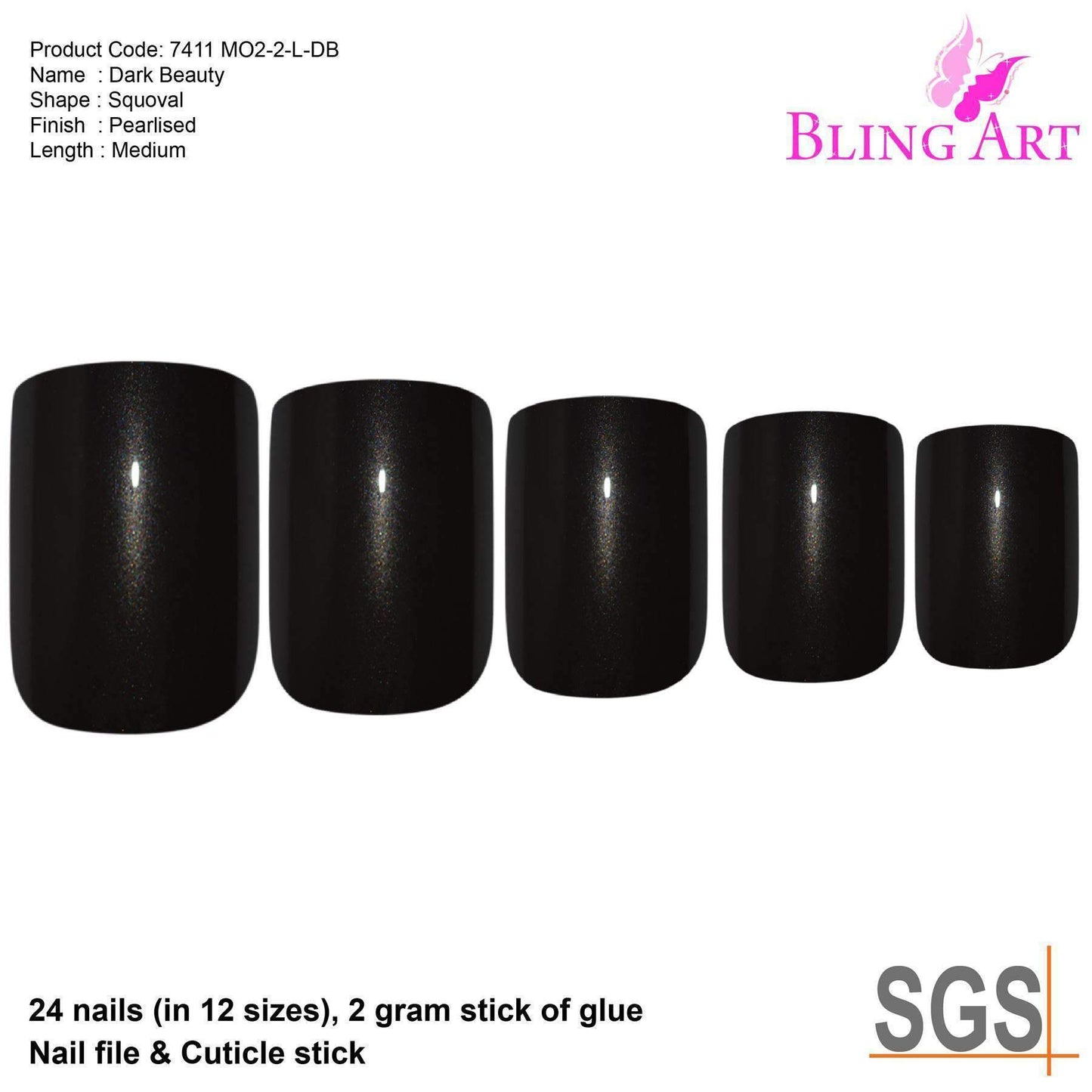 False Nails by Bling Art Black Glitter French Squoval Fake Medium