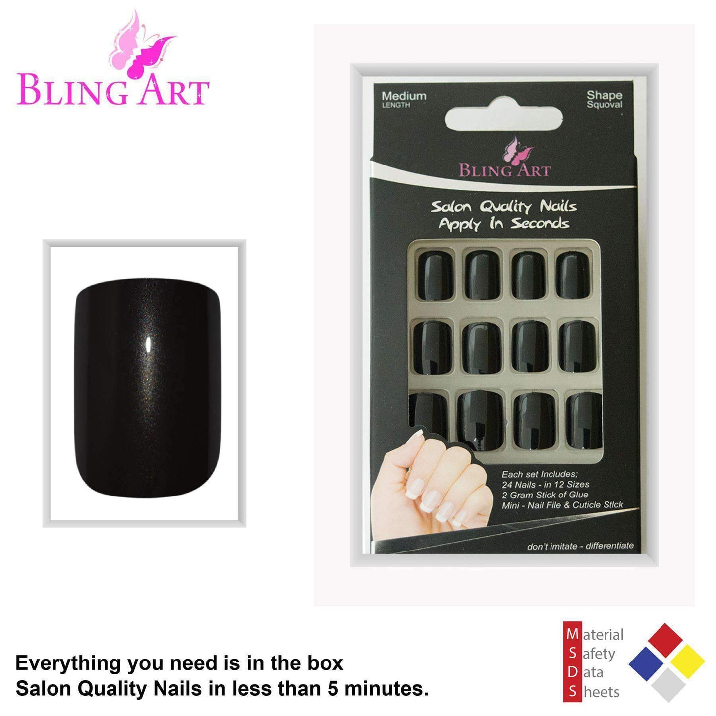 False Nails by Bling Art Black Glitter French Squoval Fake Medium