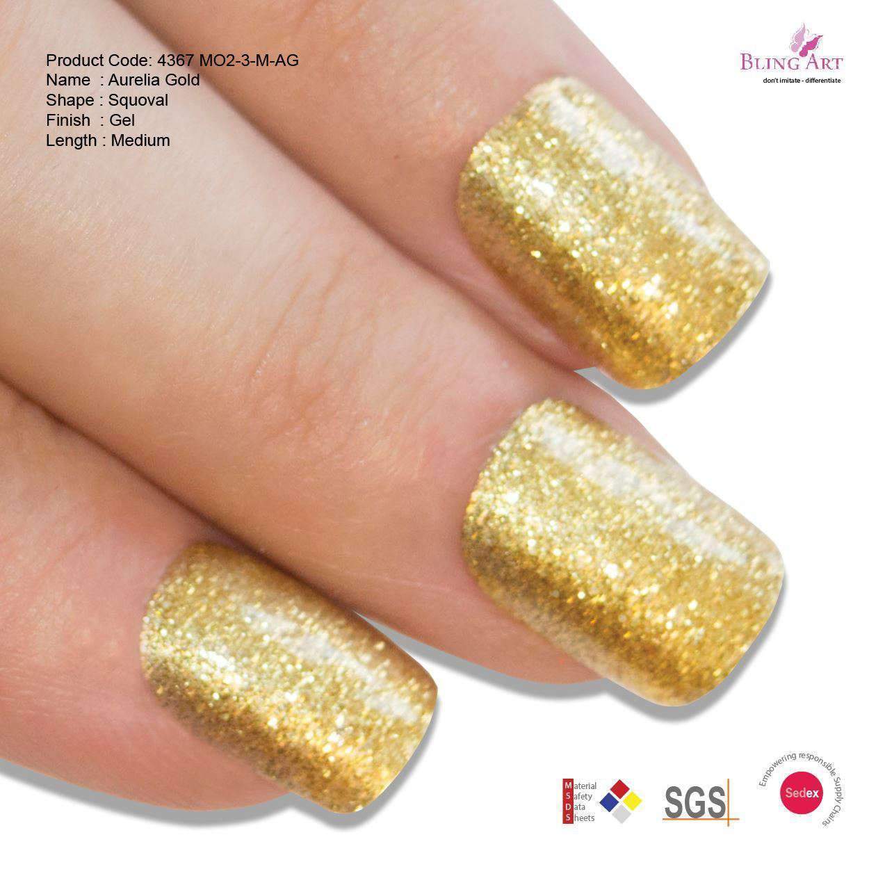 False Nails by Bling Art Gold Glitter French Squoval 24 Fake Medium