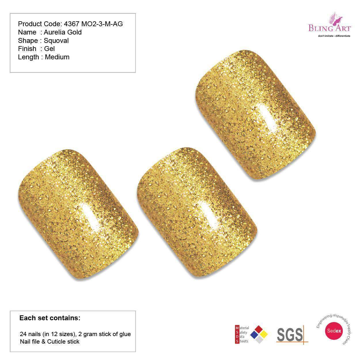 False Nails by Bling Art Gold Glitter French Squoval 24 Fake Medium