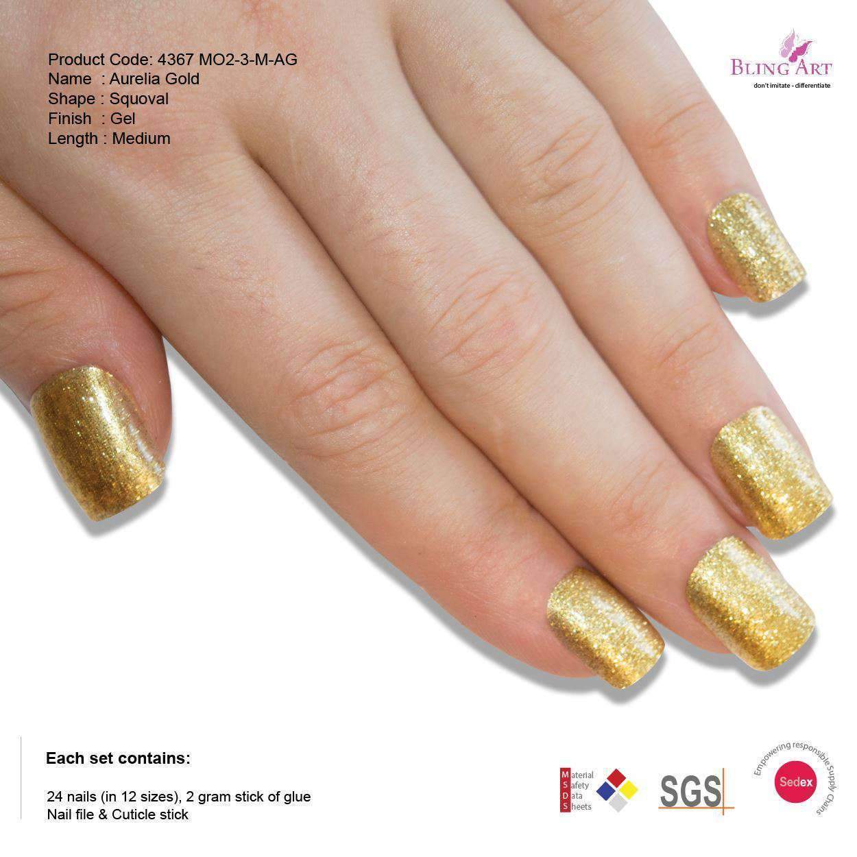 False Nails by Bling Art Gold Glitter French Squoval 24 Fake Medium