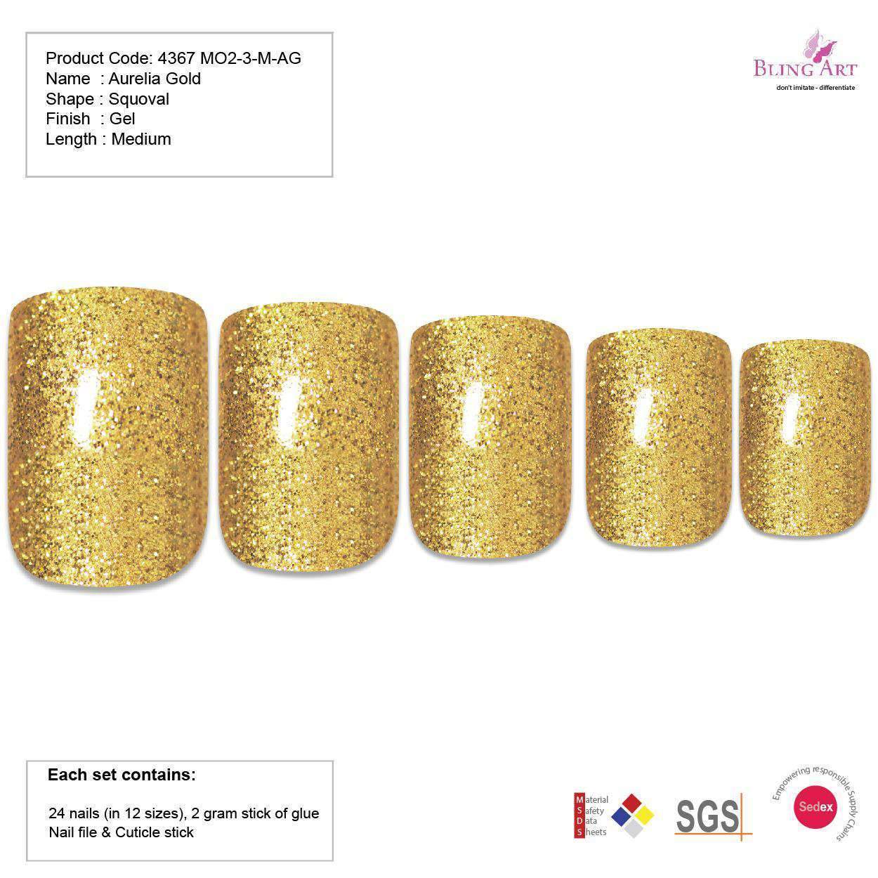 False Nails by Bling Art Gold Glitter French Squoval 24 Fake Medium