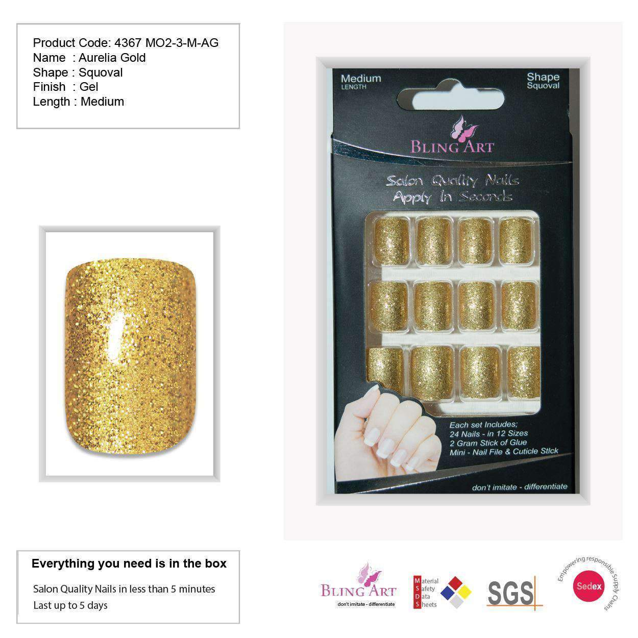 False Nails by Bling Art Gold Glitter French Squoval 24 Fake Medium