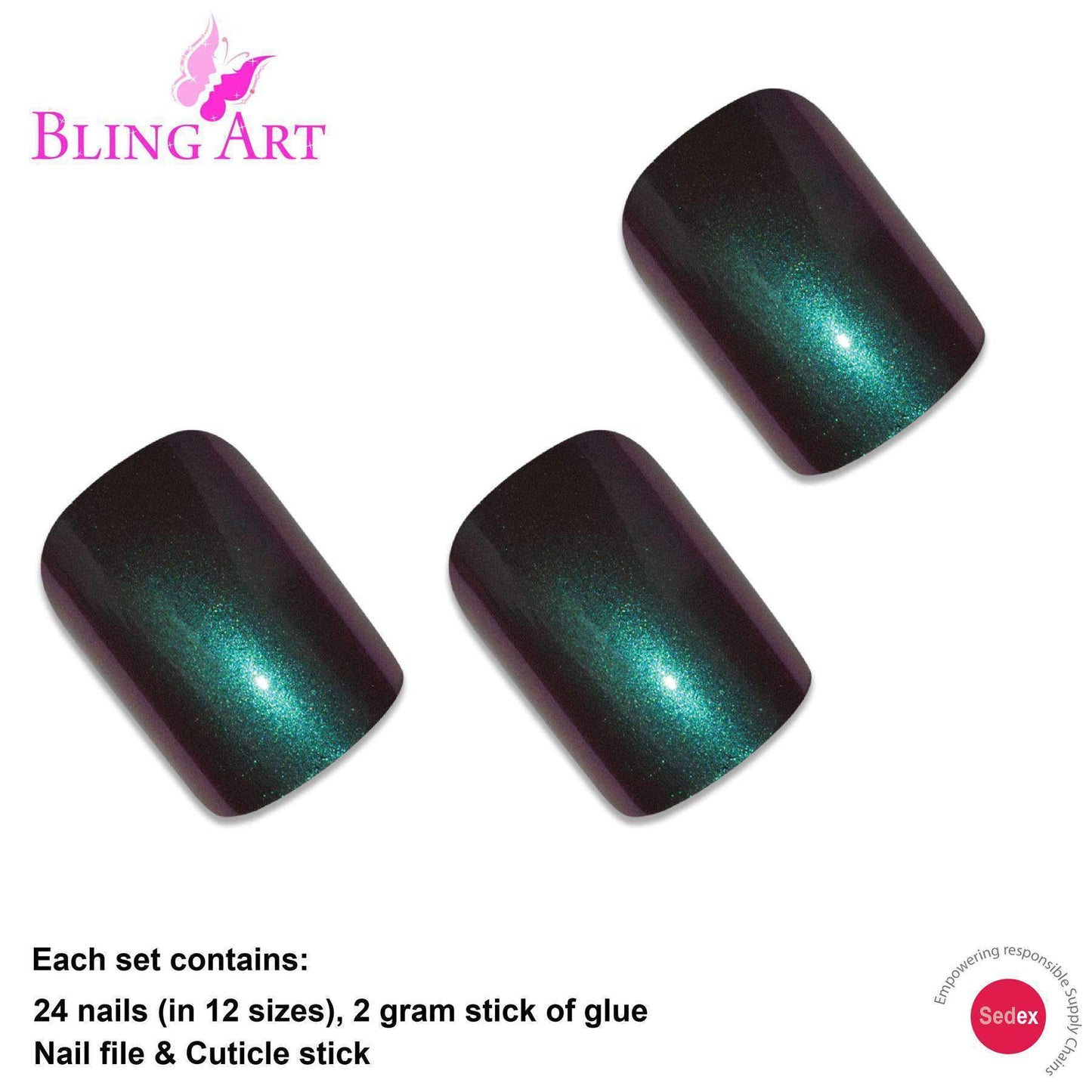 False Nails by Bling Art Green Purple Chameleon French Squoval 24 Fake