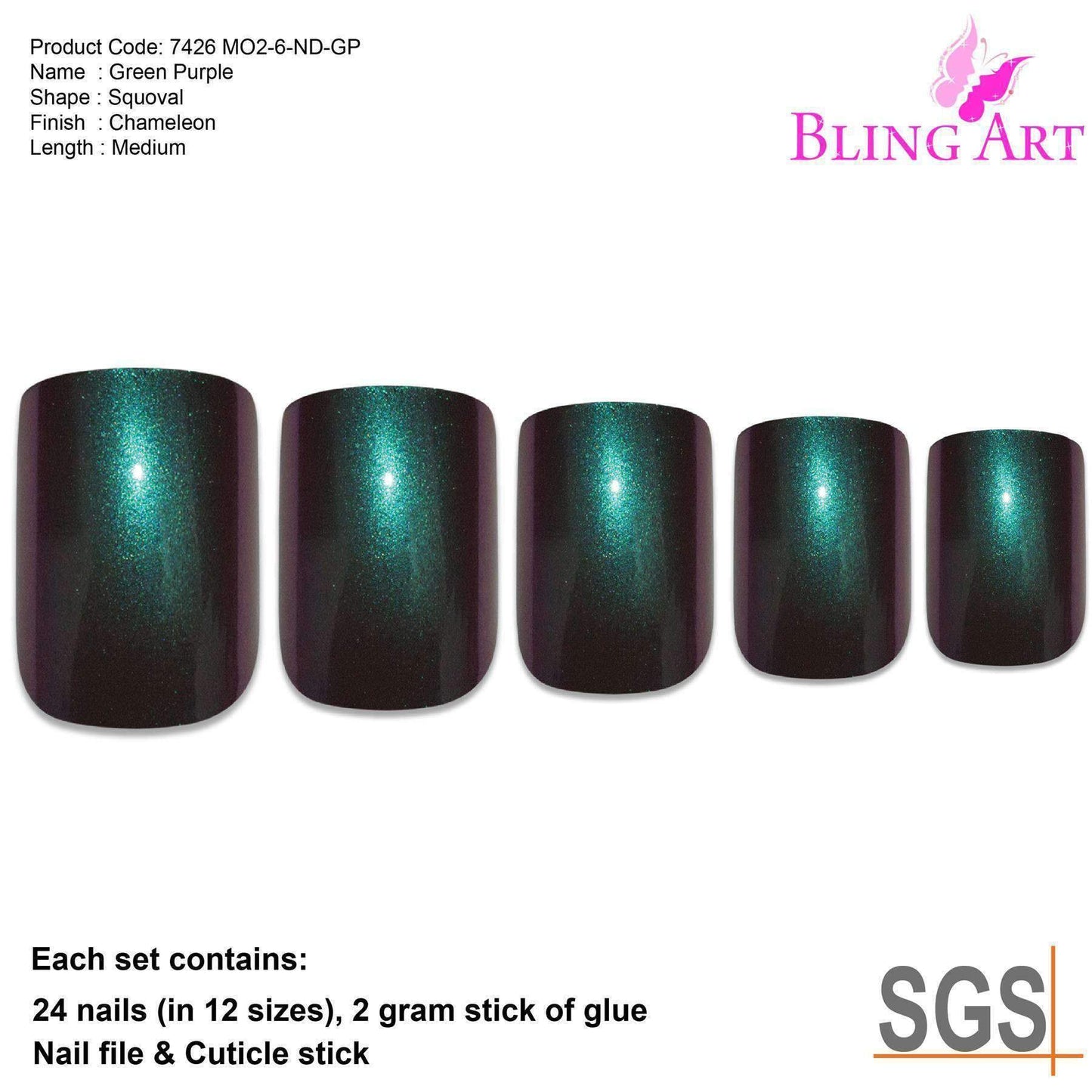 False Nails by Bling Art Green Purple Chameleon French Squoval 24 Fake