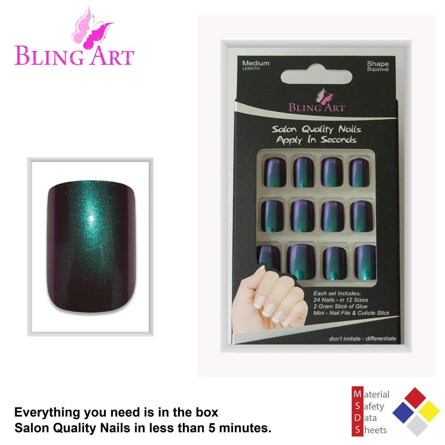 False Nails by Bling Art Green Purple Chameleon French Squoval 24 Fake