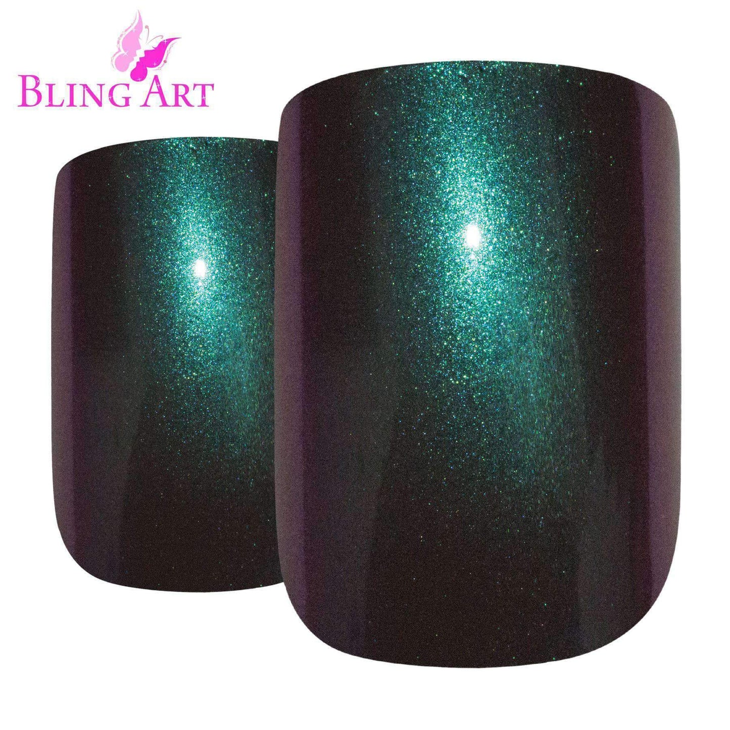 False Nails by Bling Art Green Purple Chameleon French Squoval 24 Fake