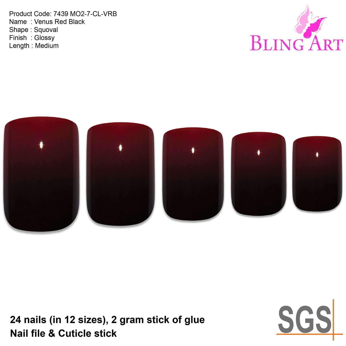 False Nails by Bling Art Red Black French Squoval 24 Fake Medium