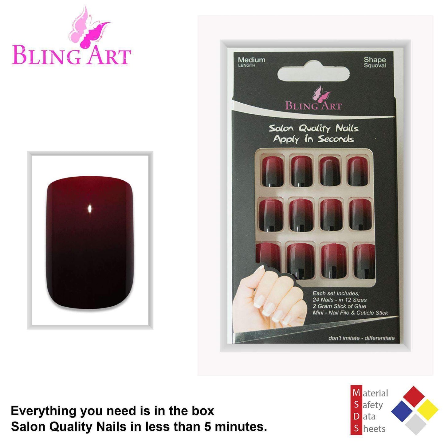 False Nails by Bling Art Red Black French Squoval 24 Fake Medium