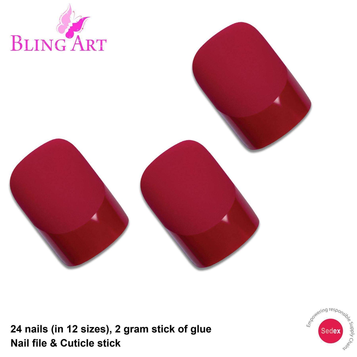 False Nails by Bling Art Red Matte French Manicure Fake Medium Tips