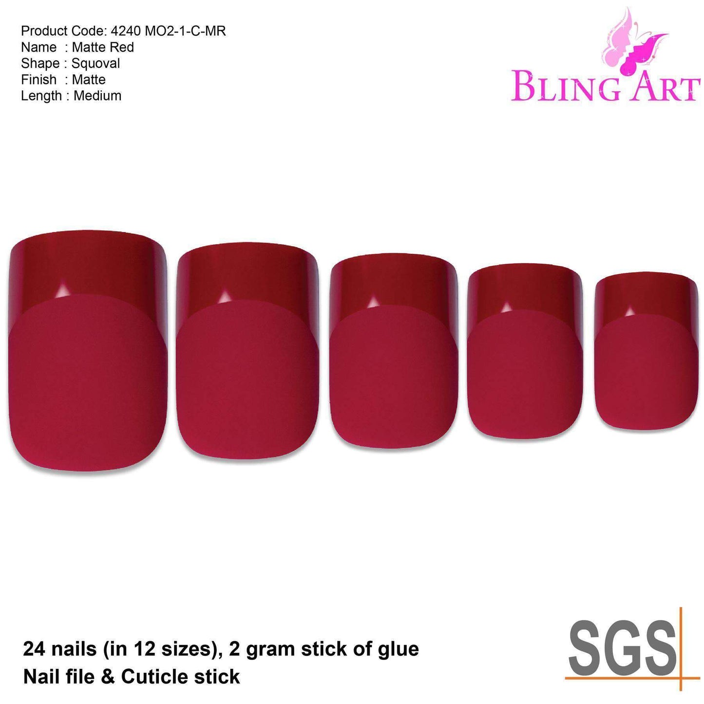 False Nails by Bling Art Red Matte French Manicure Fake Medium Tips