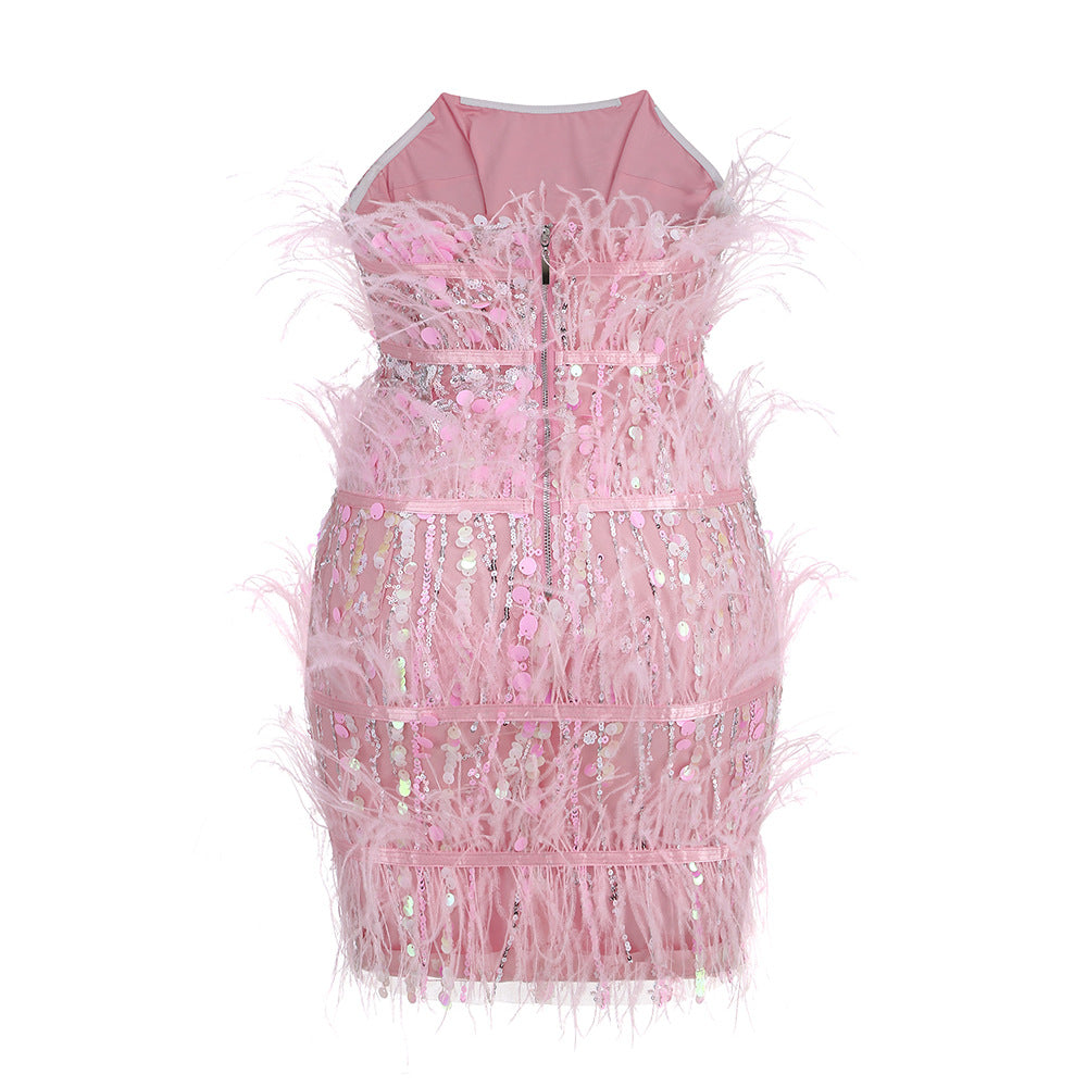 Party Fashion High-end Barbie Pink Sequin Ostrich Feather Dress