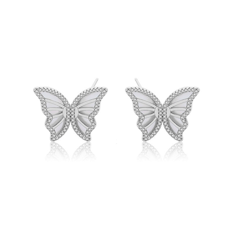 Women's Retro Micro Inlaid Zircon Sterling Silver White Shell Butterfly Earrings