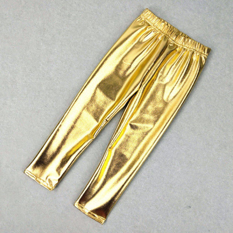 Girls' Fashion Elastic Waist Trim Shiny Hot Gold Pants