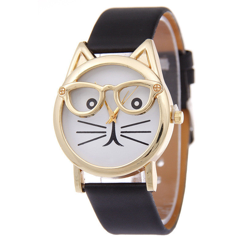 Cartoon Watch With Glasses Cat Student Belt Watch Women's Quartz Watch Gift Watch