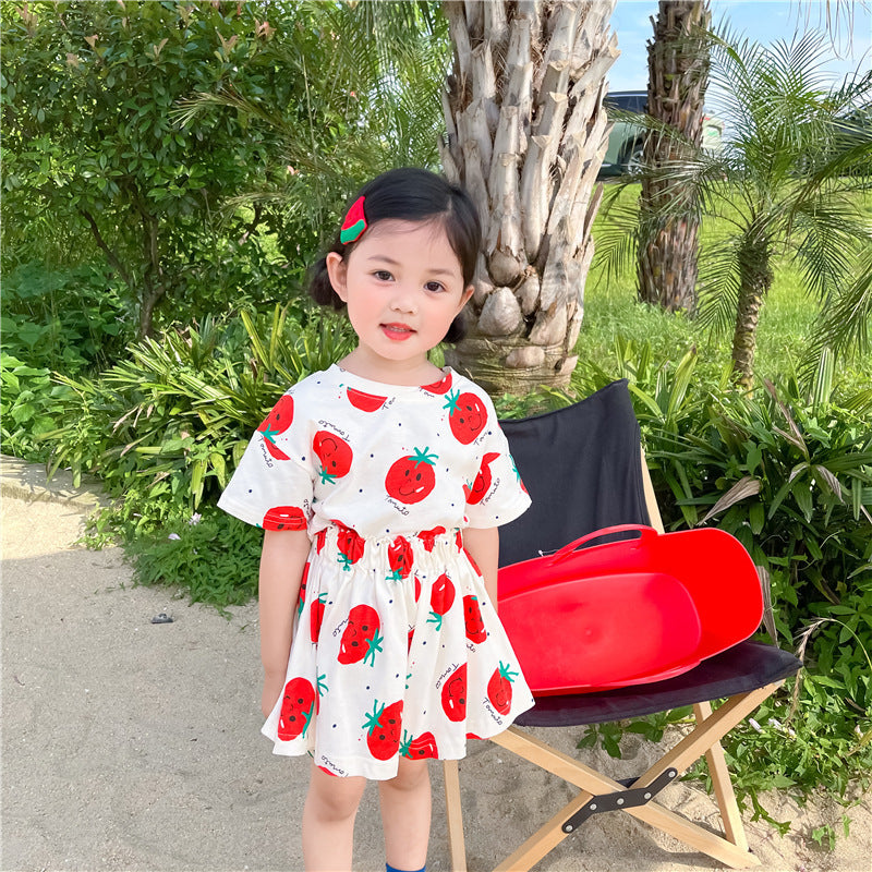 Girl Tomato Suit Western Style Children Round Neck Short Sleeve Culottes Two-piece Suit